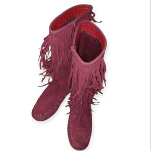 Fringed Suede Boots Burgundy